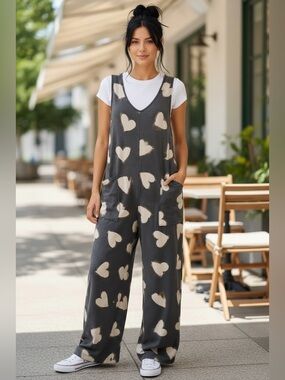 Chris & Carol Charcoal Jumpsuit with Cream Heart Print only. NWT